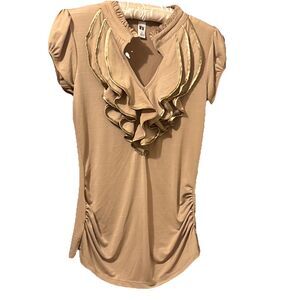 Women’s IT'S FASHION Cap Sleeve Beige High Collar Ruffled Top Ruched Sides Sz S